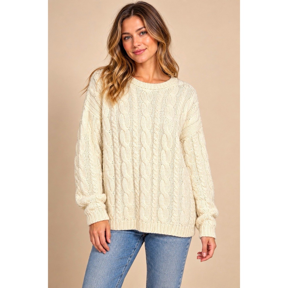 Vintage Carol Horn Wool Cable Knit Sweater L Fisherman Coastal Grandma Ivory